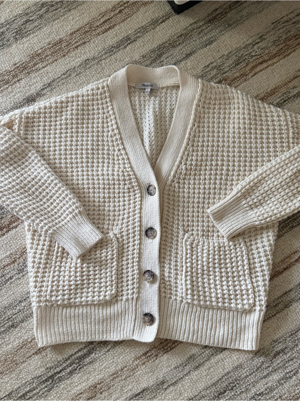Madewell Cream Waffle Knit Button-Front Cardigan